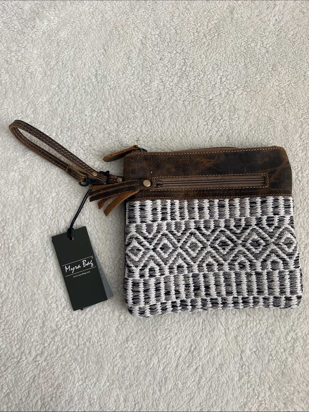 Myra‎ Bag Upcycled Brown Leather Wristlet Clutch Neutral Woven Tapestry Boho